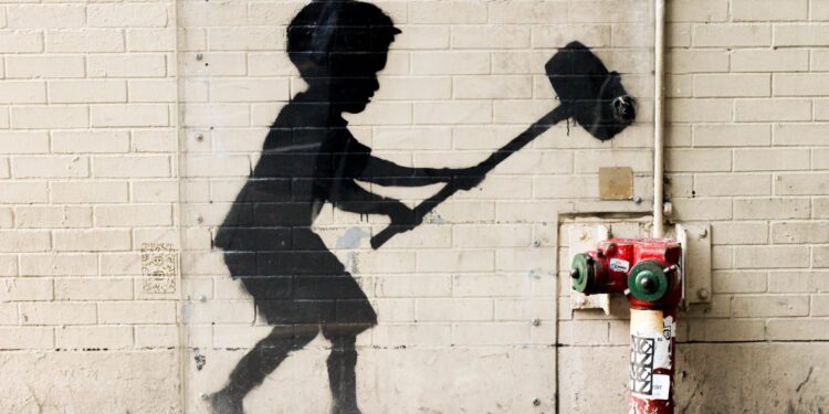 Hammer Boy — by Banksy in New York, USA
