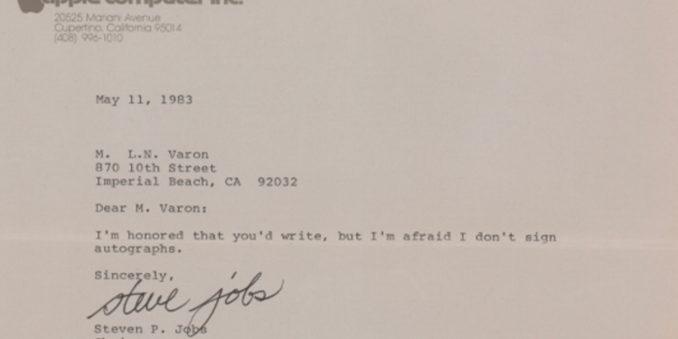 Signed Letter Stating He Doesn’t Give Autographs By Steve Jobs