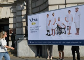 Protest billboard outside Unilevers London HQ